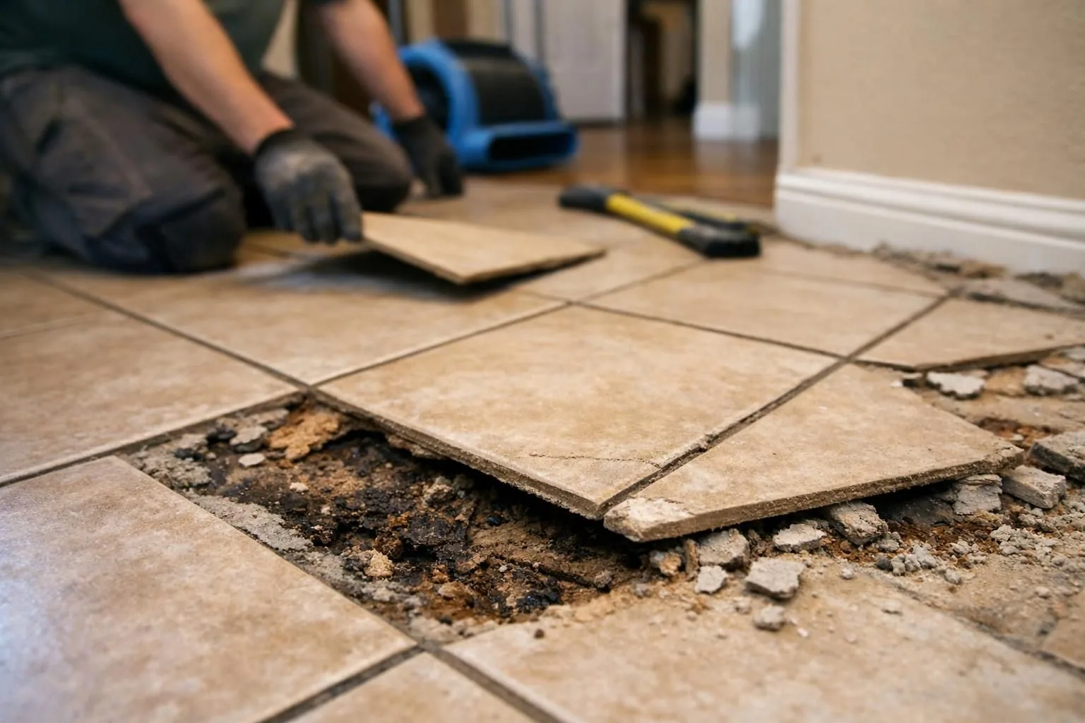 Worker lifting broken beige floor tiles with gloves