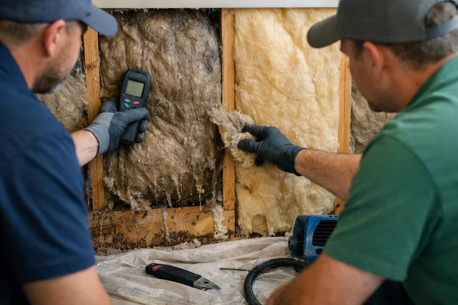 Two workers inspect wall insulation with moisture meter