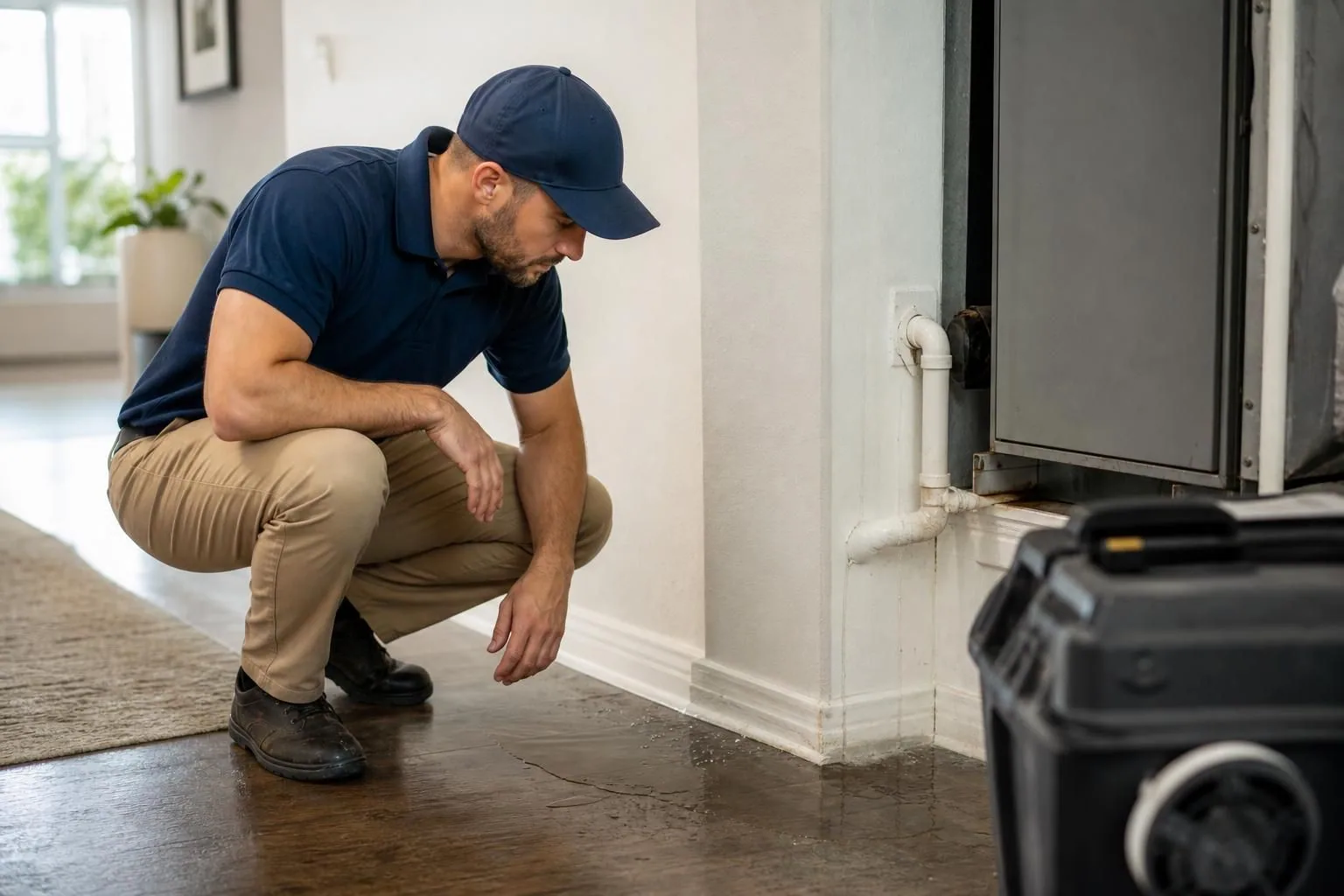 Man crouching by HVAC unit over wet floor indoors