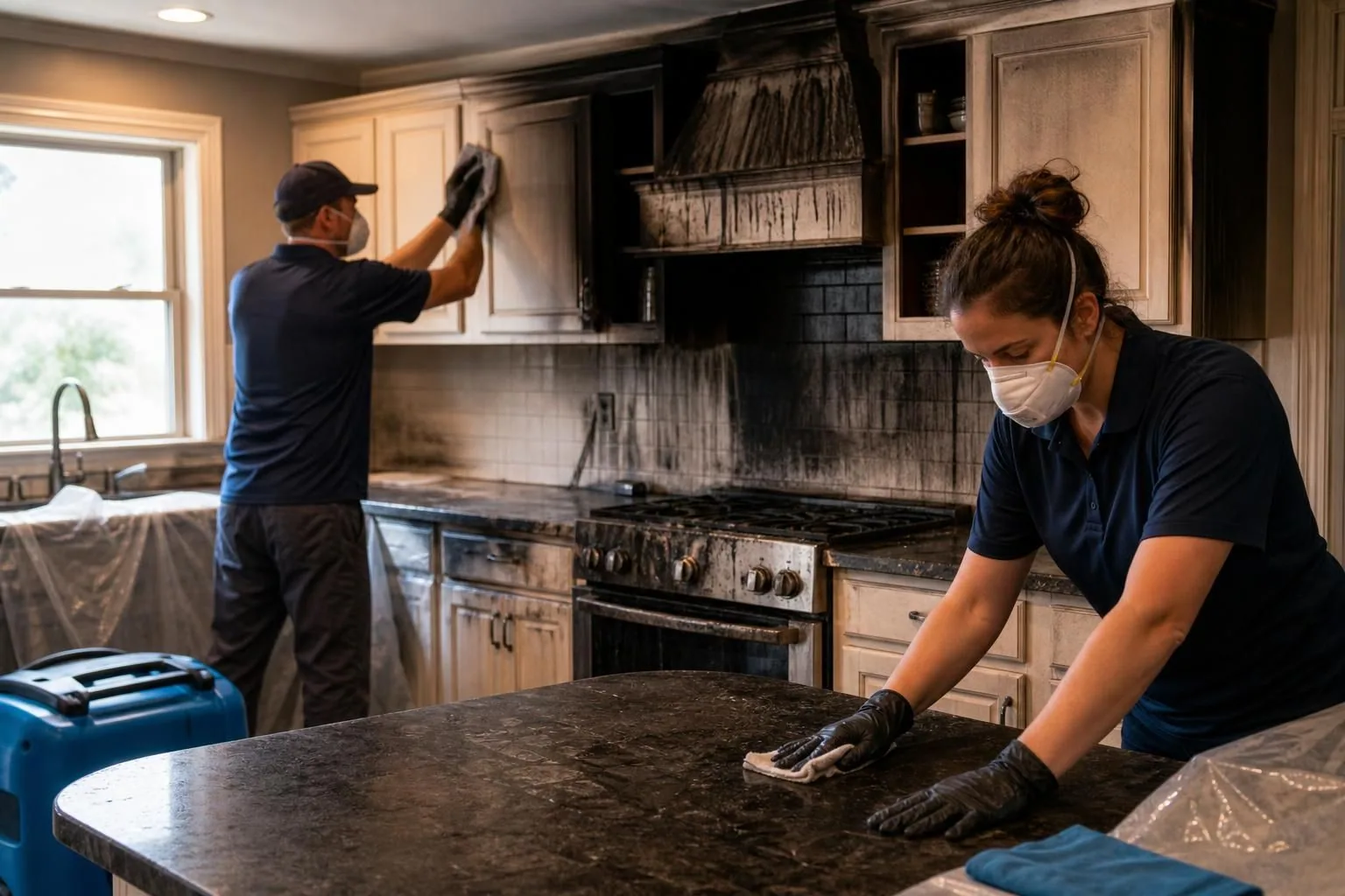 Two cleaners removing soot from a fire-damaged kitchen