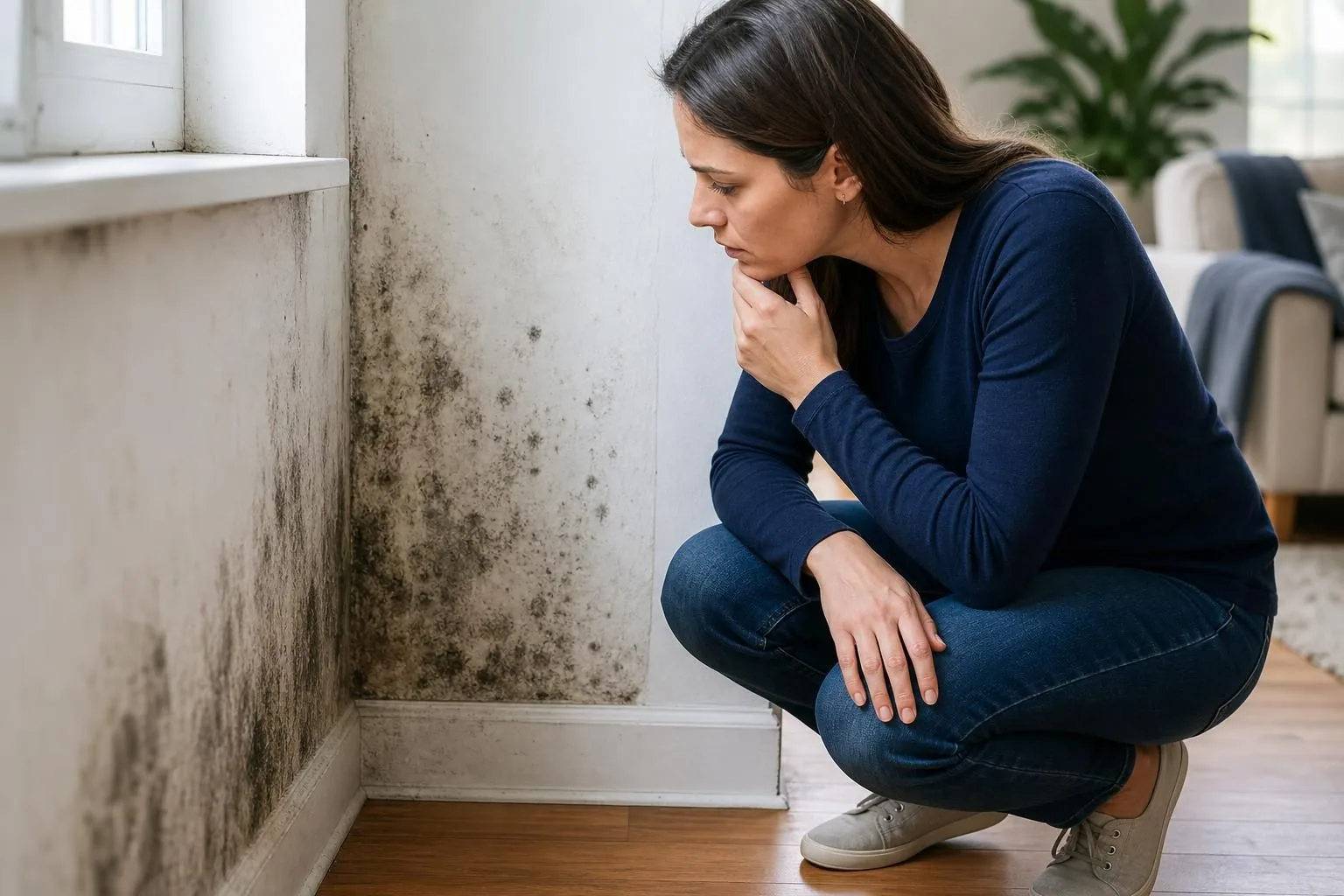 Woman crouching beside mold on a wall near a window