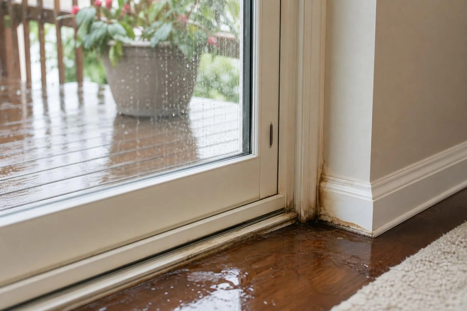 Water pooling by sliding glass door frame and baseboard