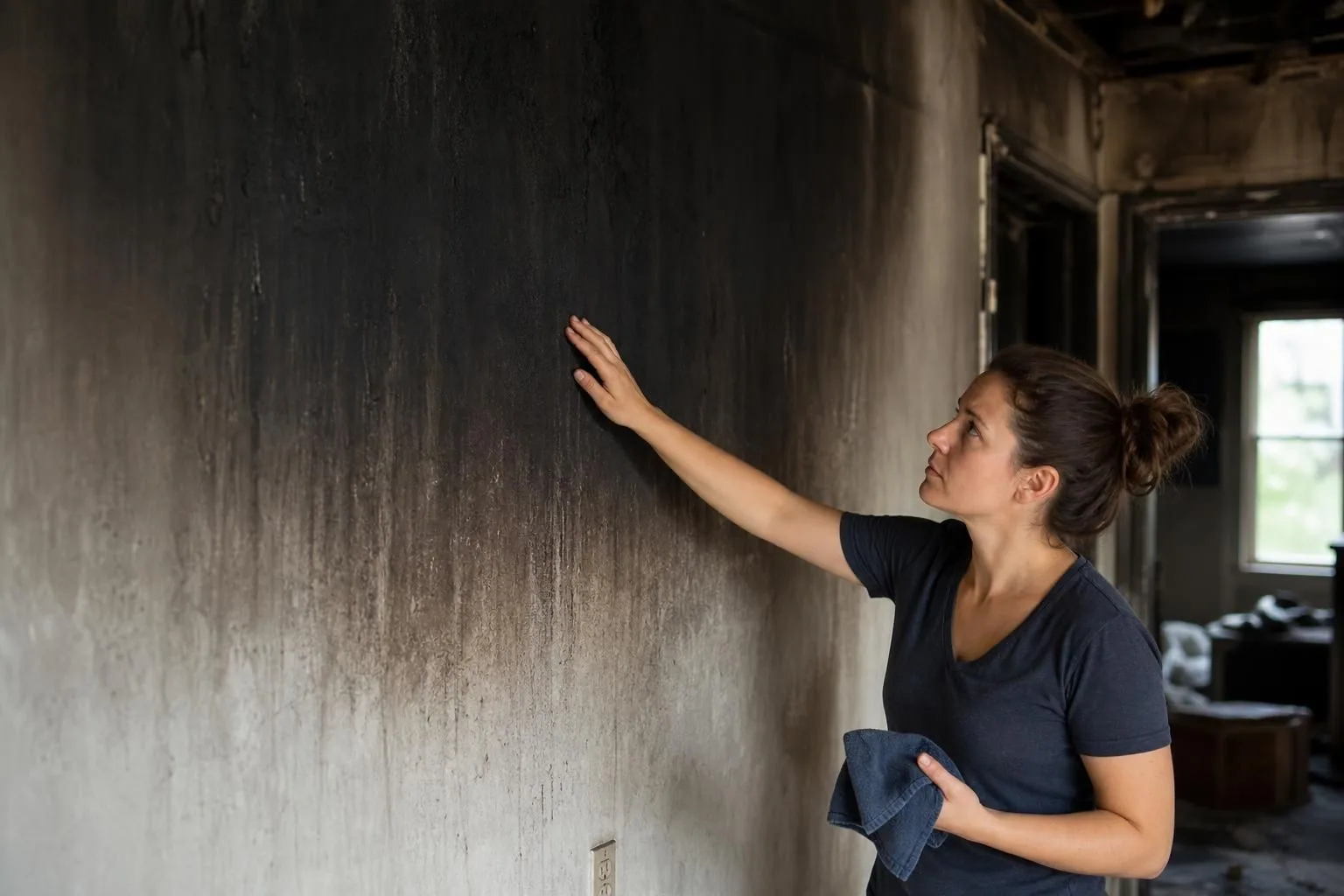 Woman inspecting soot-covered wall with cleaning cloth