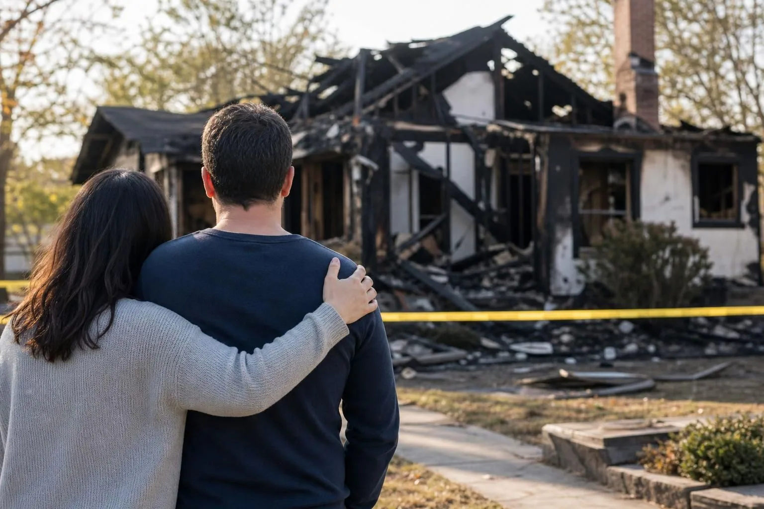 Couple looking at burned house behind yellow caution tape