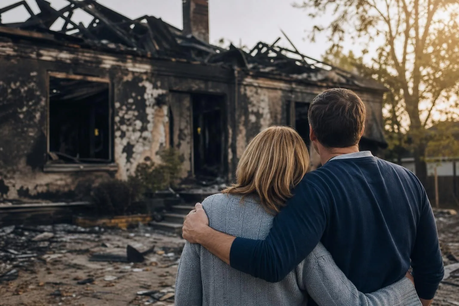 Couple looks at burned house with charred roof and windows