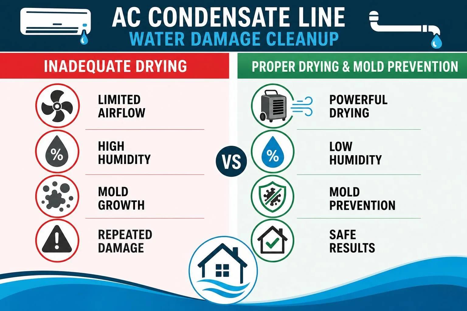 Infographic compares limited airflow, humidity, mold growth, and dehumidifier drying