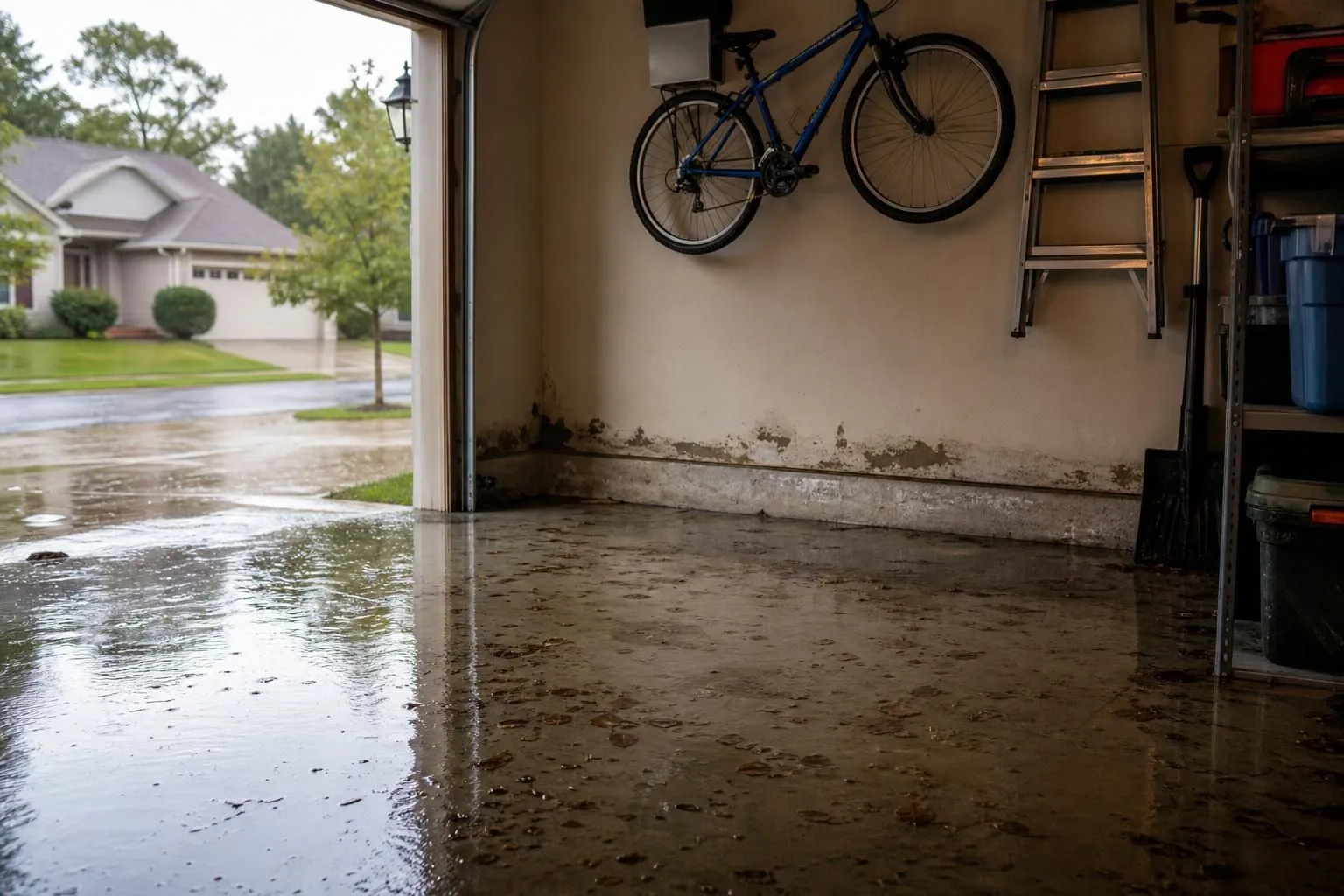 Flooded garage floor with wall stains, bicycle, and ladder