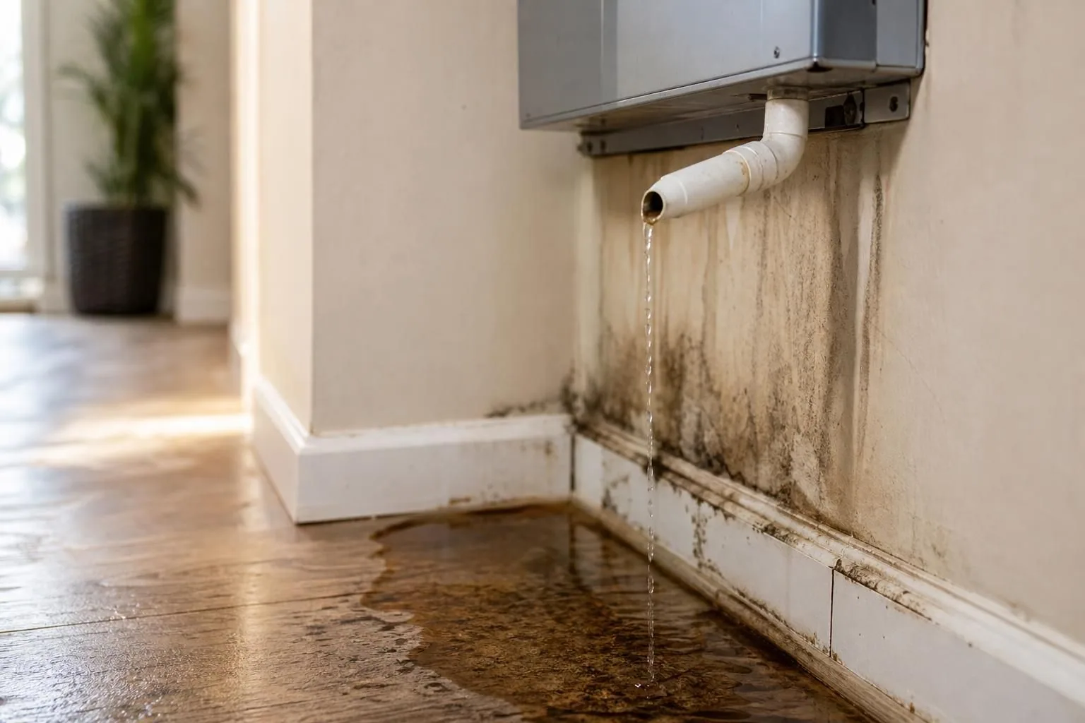 White drain pipe leaks water onto stained wall and wood floor