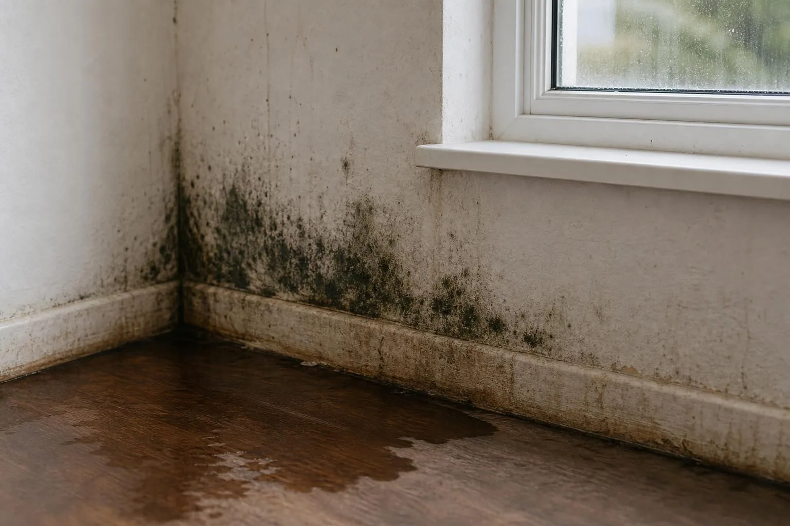 Black mold stains on wall baseboard beside wet wooden floor