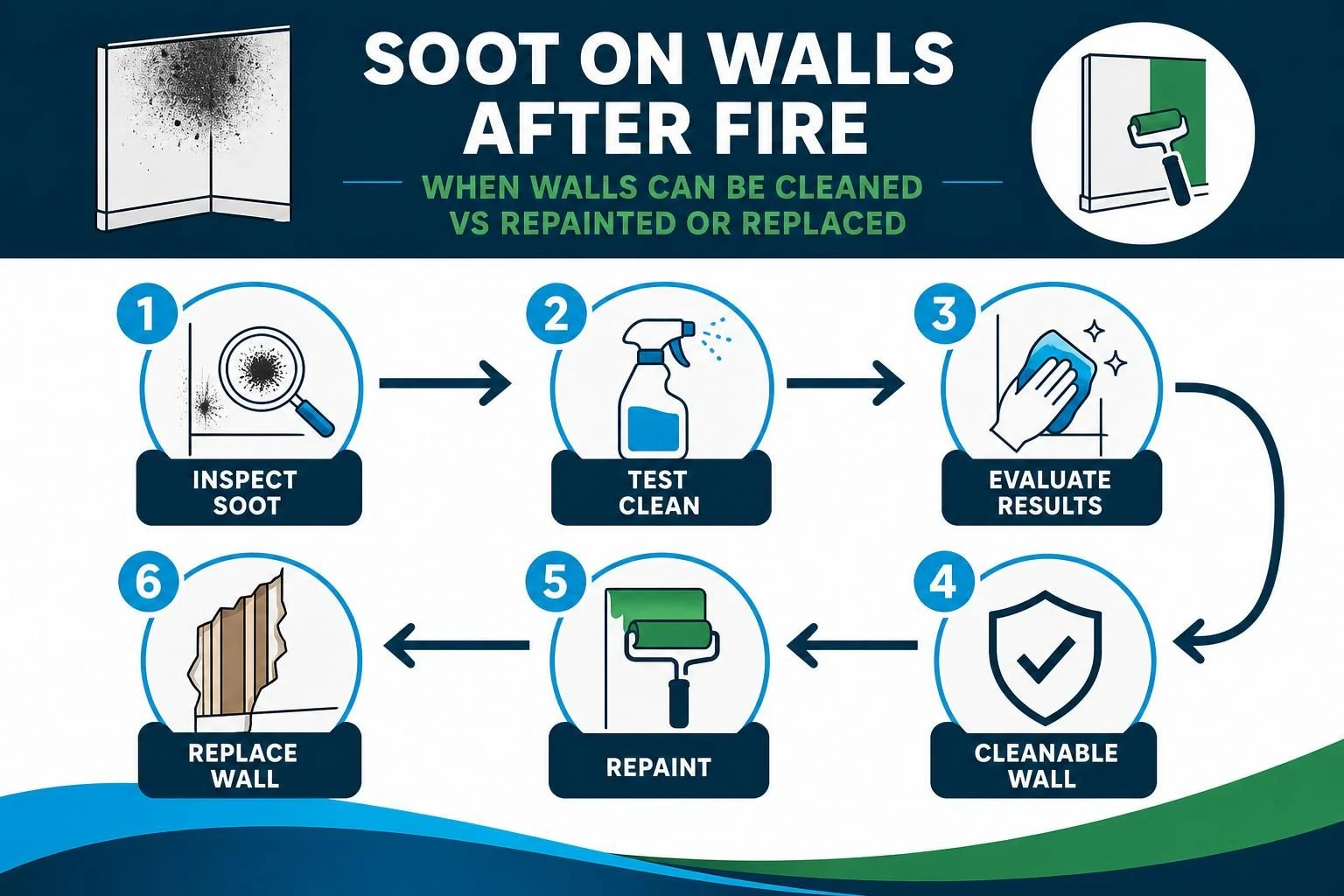 Soot cleaning flowchart with spray bottle, cloth, paint roller