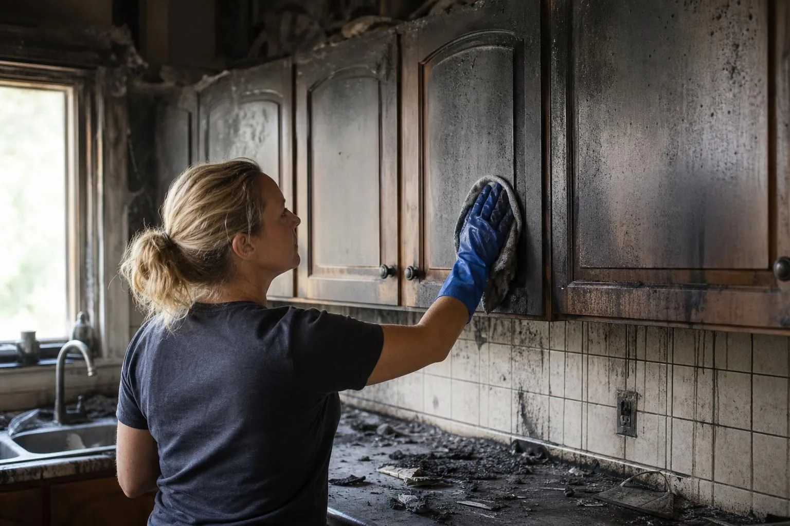 Woman in gloves wipes soot from burned kitchen cabinets
