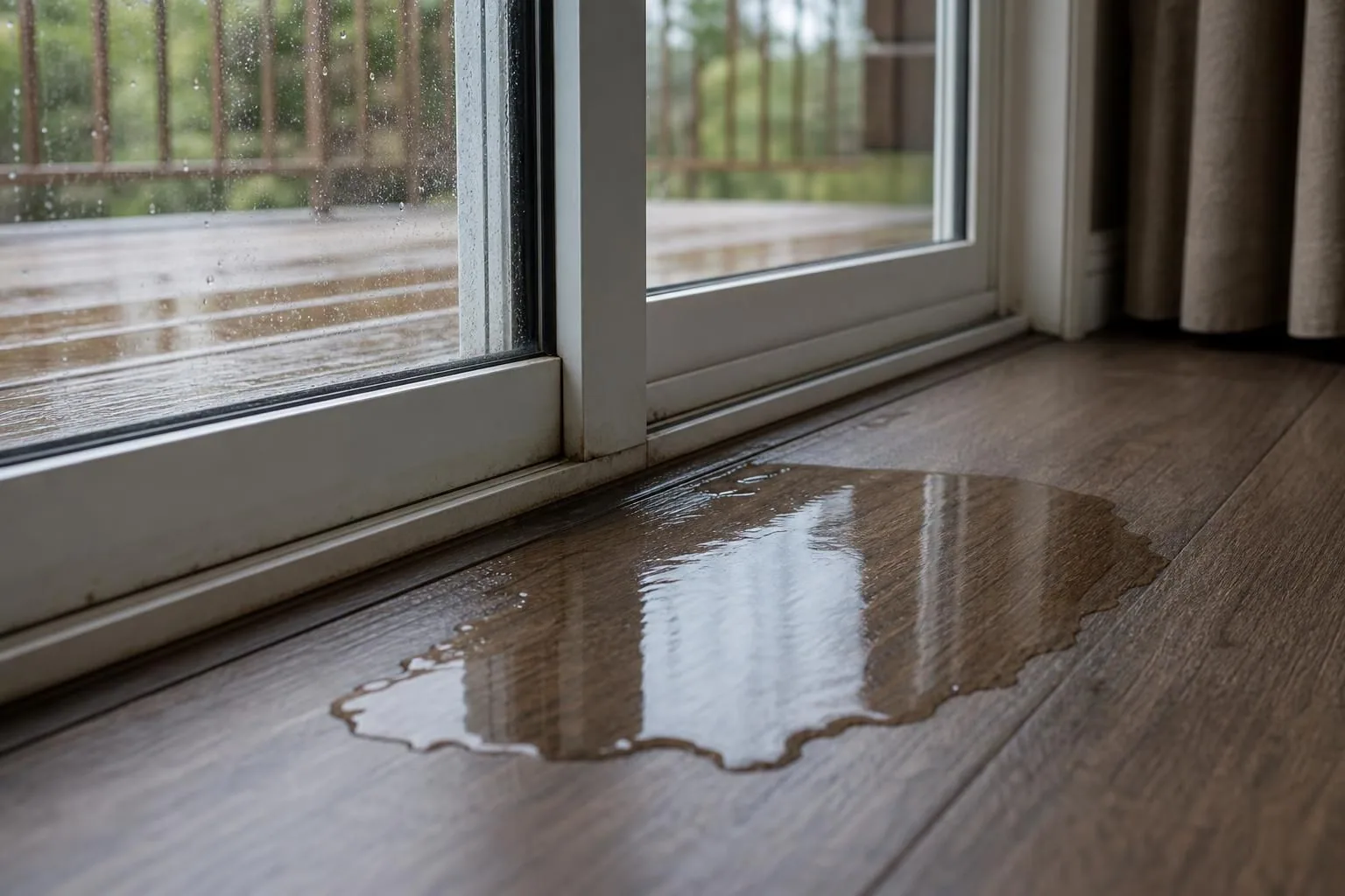 Water puddle on wood floor beside sliding glass door