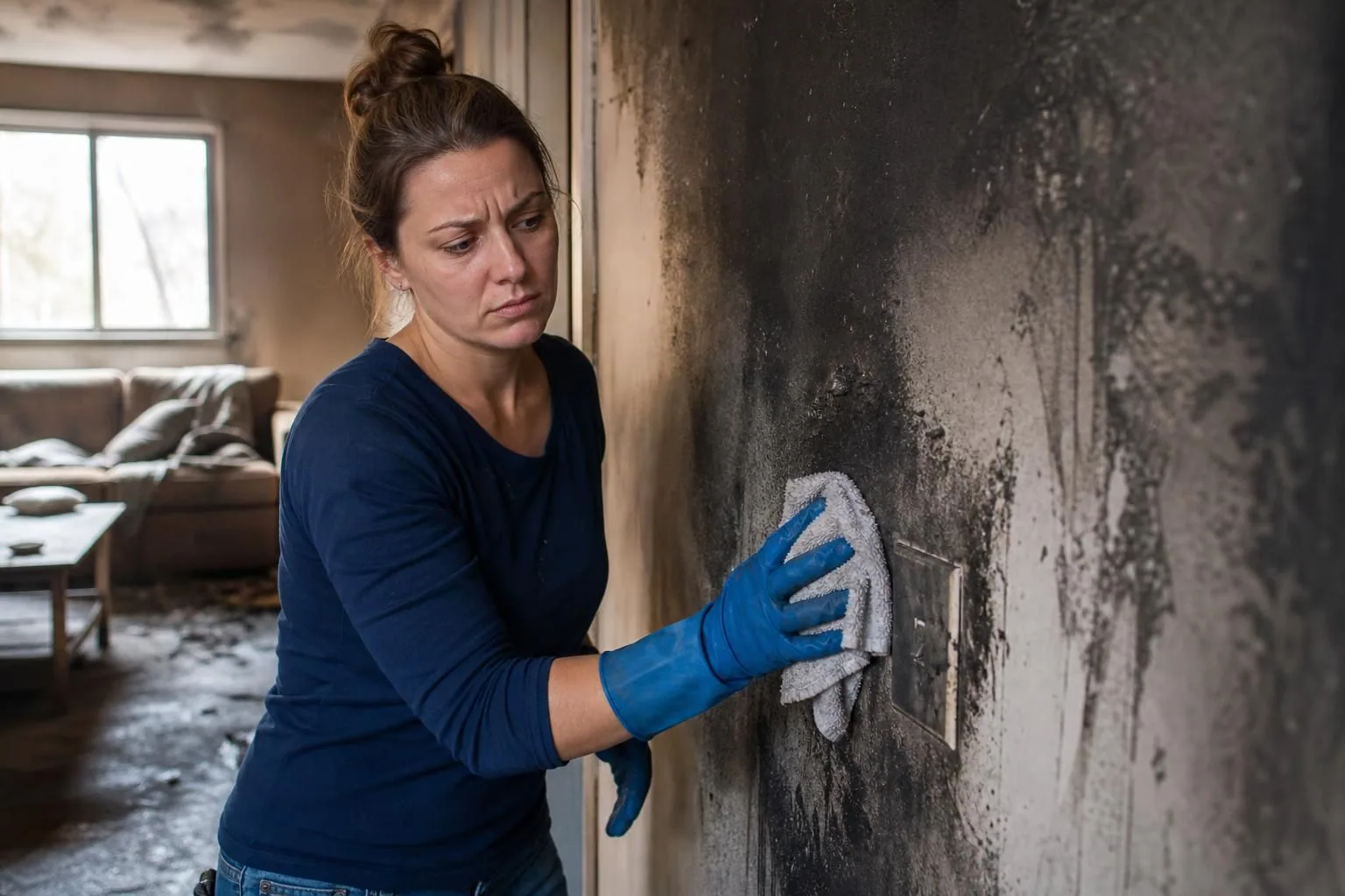 Woman in blue gloves wiping soot from a burned wall