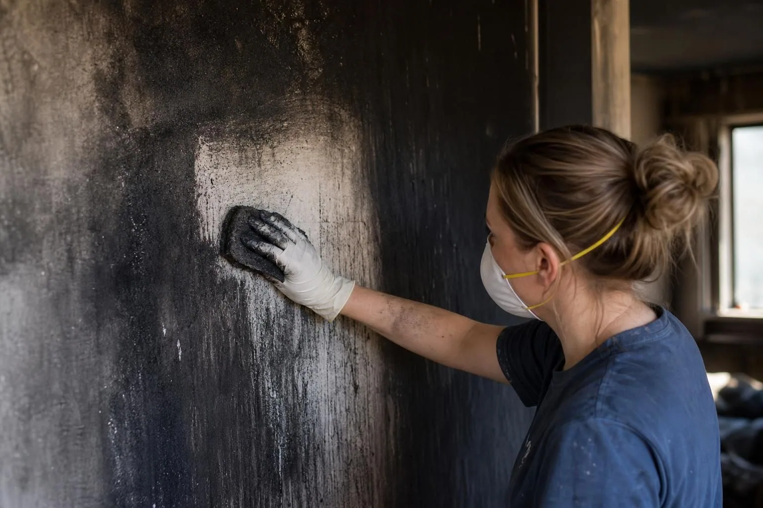 Woman wearing mask and glove wipes soot from a charred wall