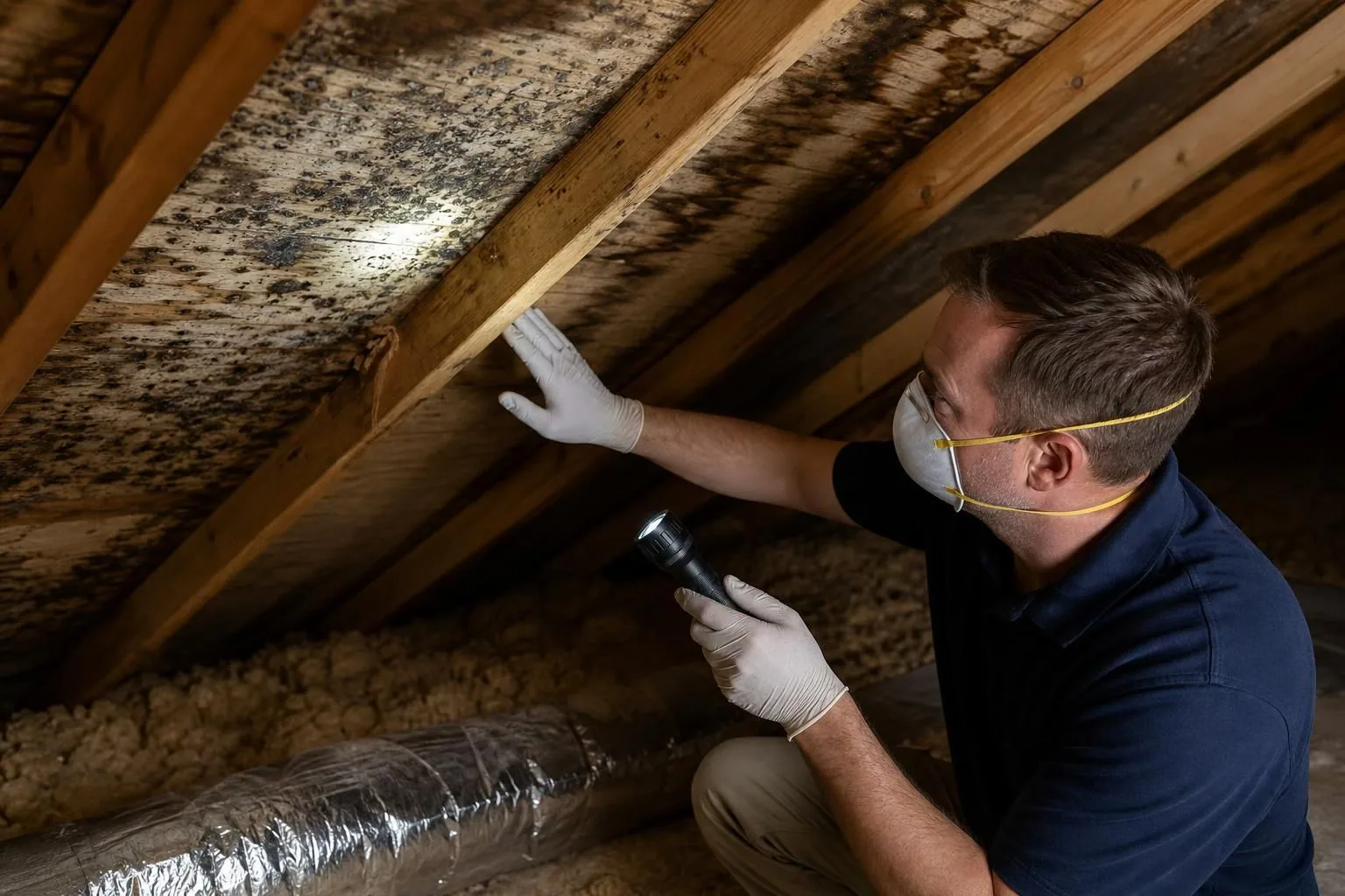 Inspector checks mold on attic roof sheathing with flashlight