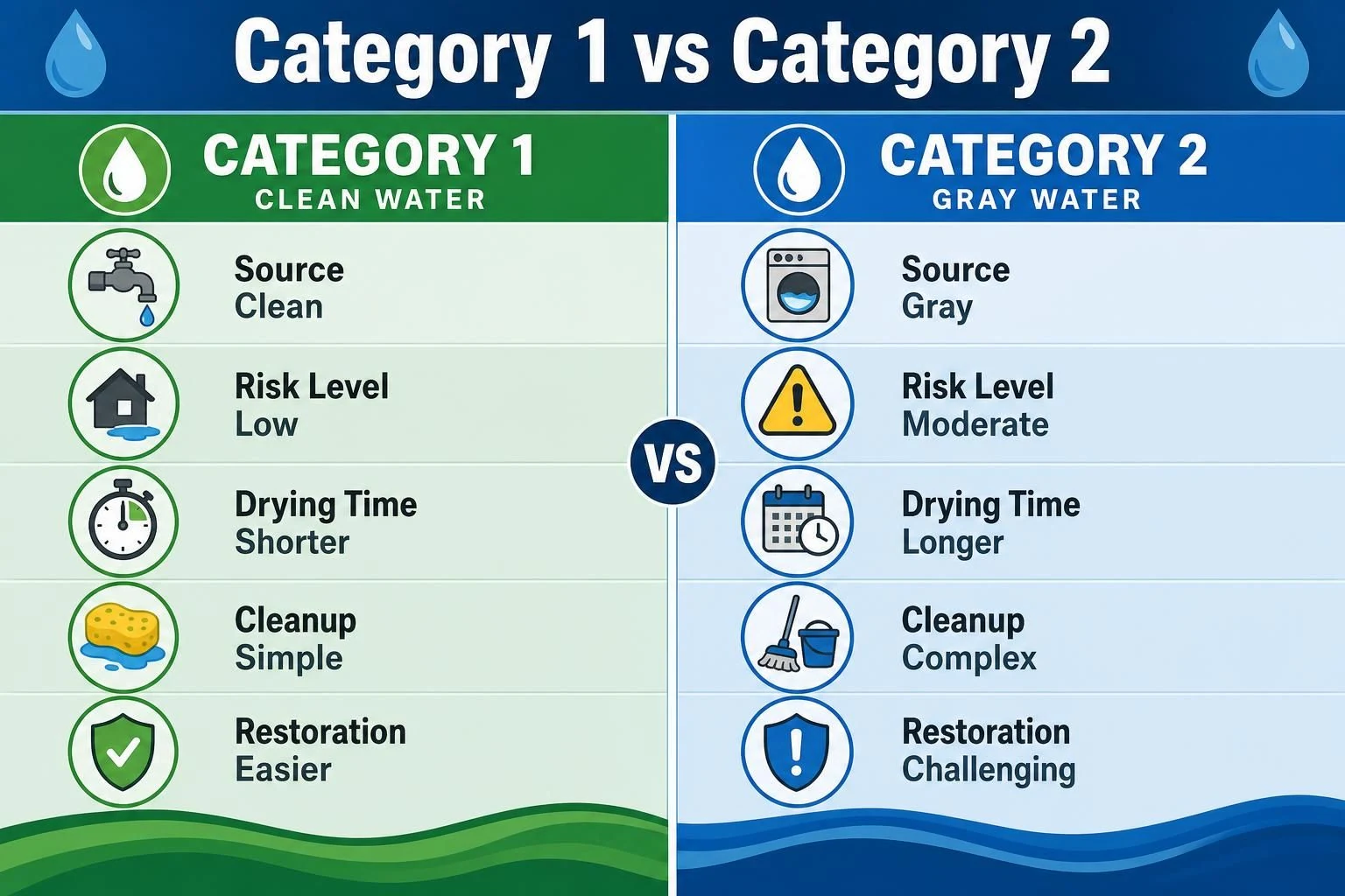 Comparison chart for Category 1 clean water and Category 2 gray water