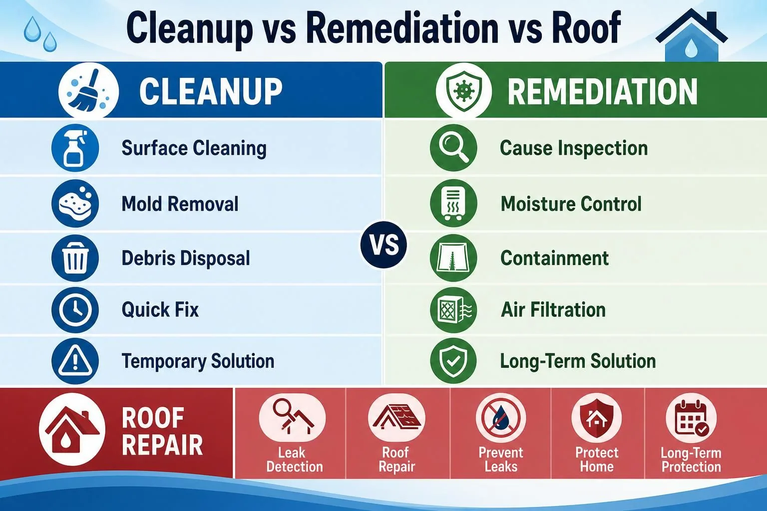 Cleanup, remediation, and roof repair comparison infographic