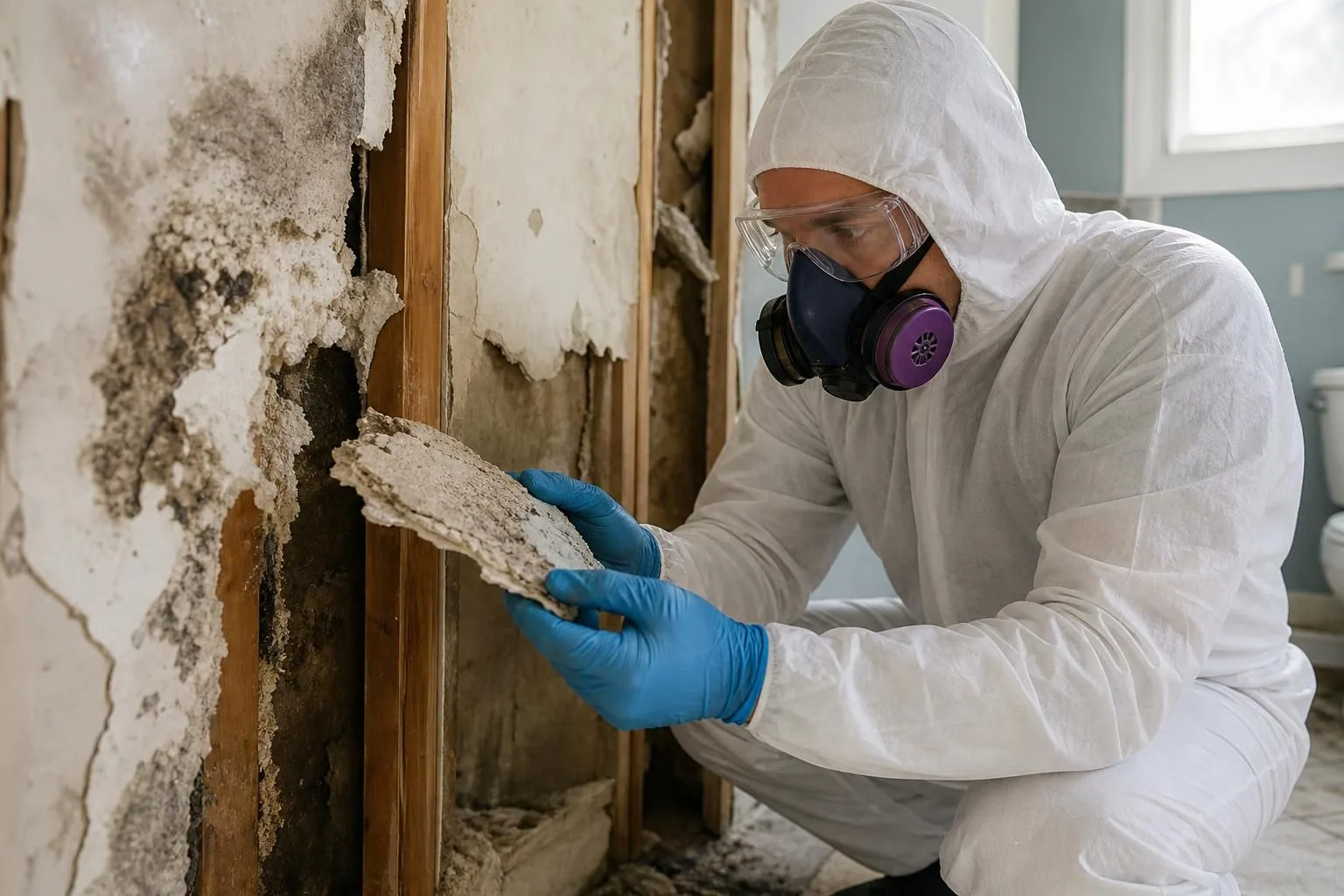 Worker in protective suit inspects damaged wallboard with mold