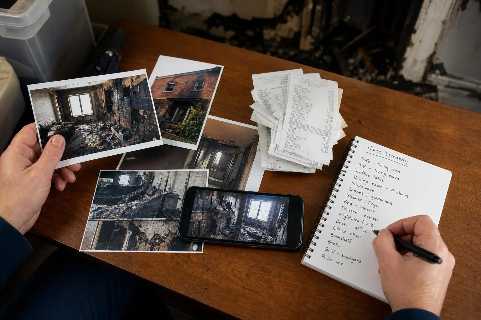 Person reviews fire damage photos, receipts, and inventory notes