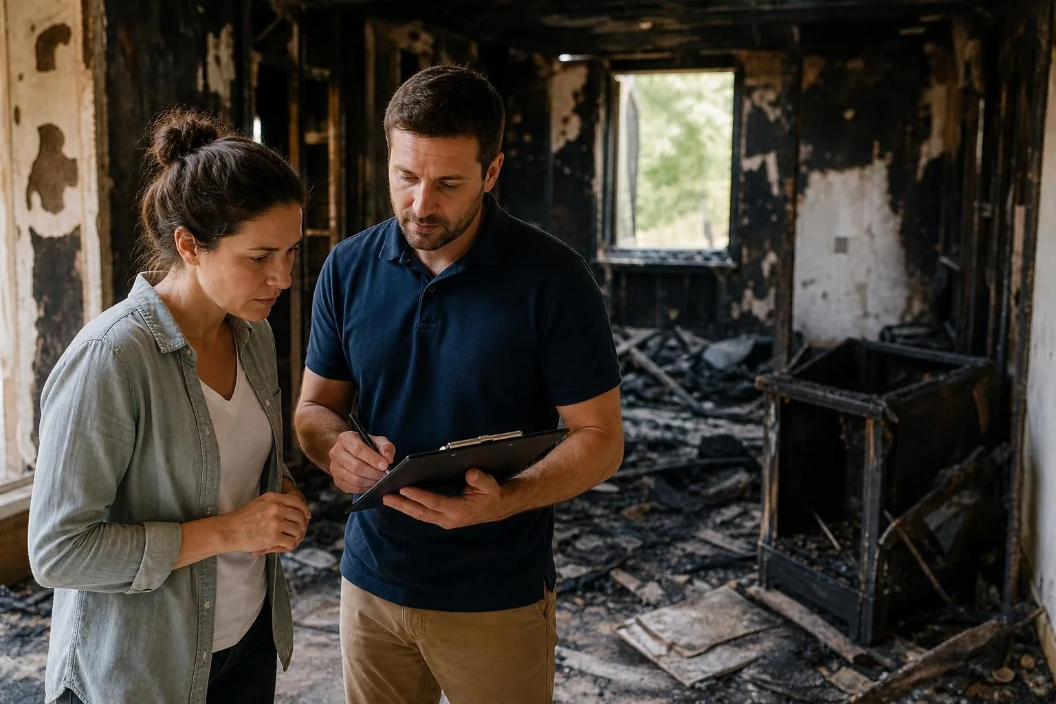Two people inspect a fire-damaged room with a clipboard