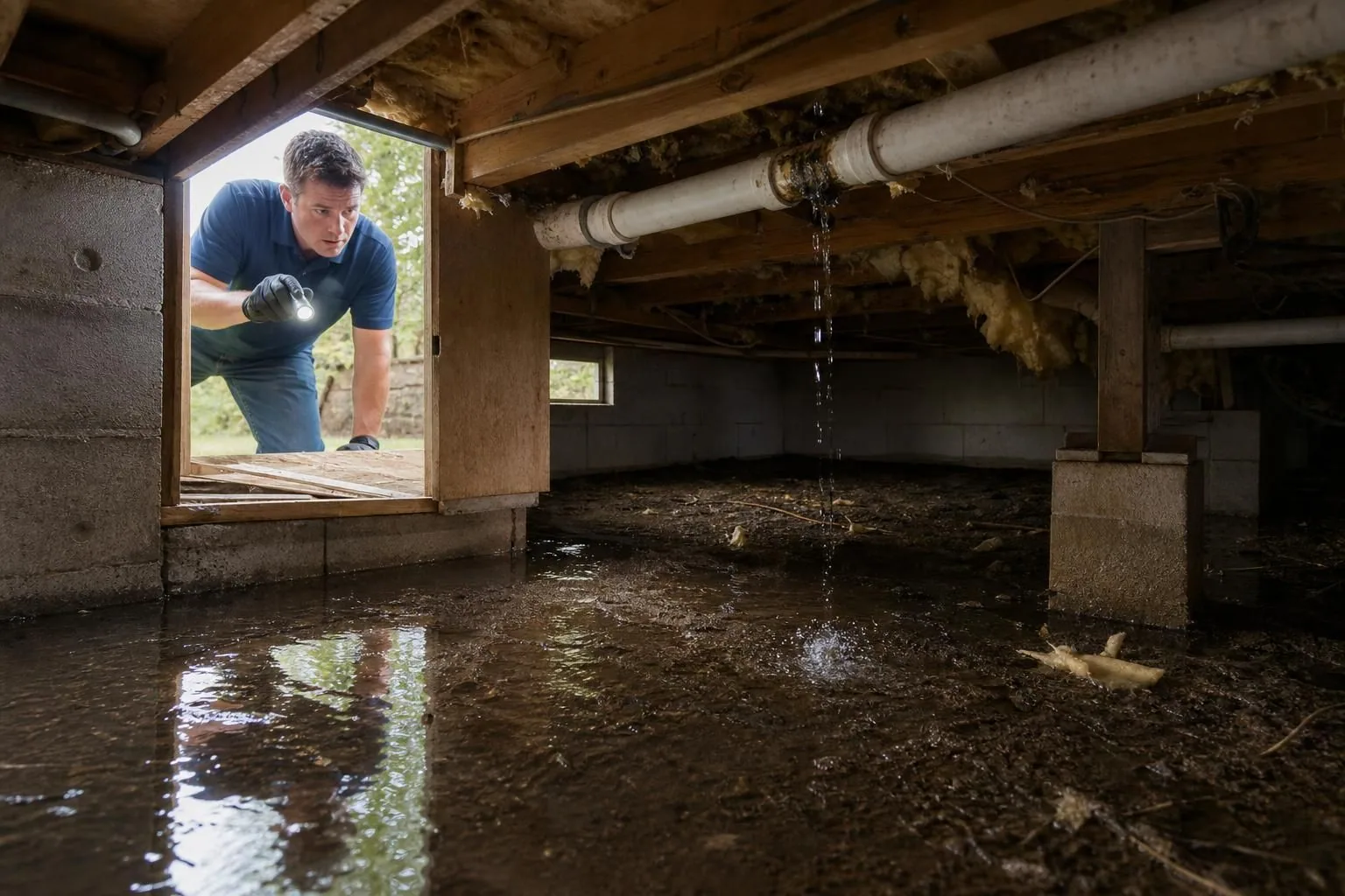Man inspects flooded crawl space under leaking pipe with flashlight