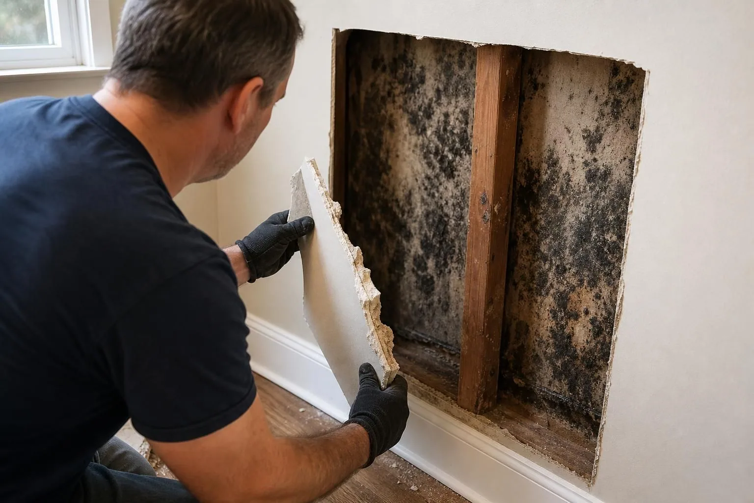 Man removes drywall to reveal mold on wall studs