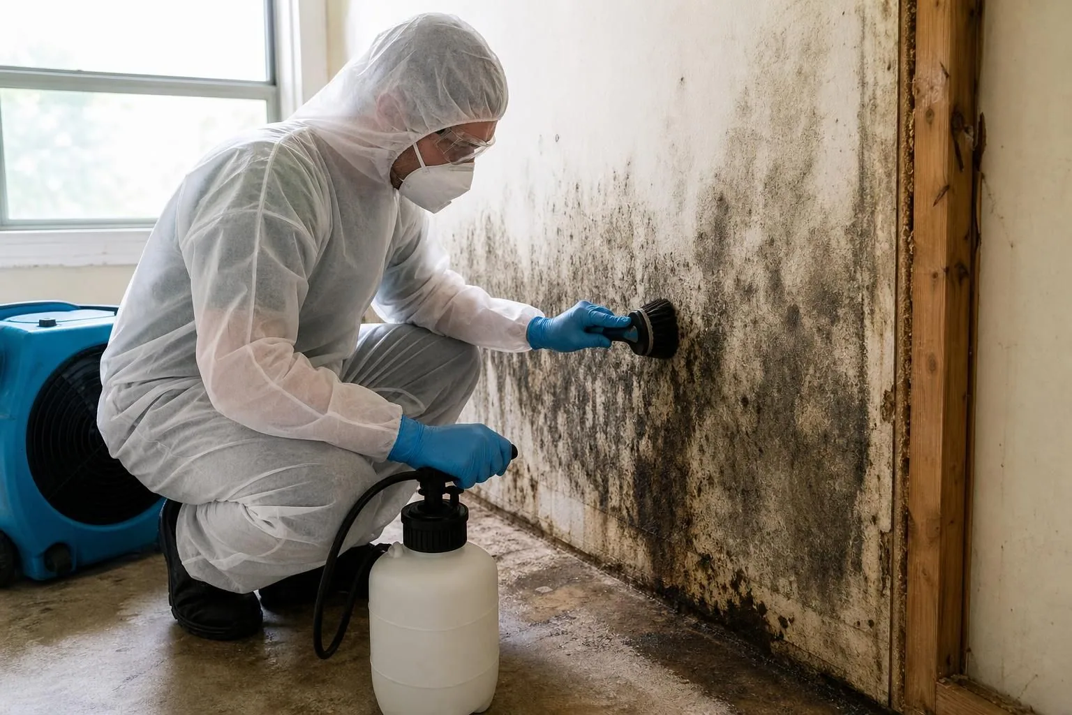 Worker in protective suit brushes mold off a wall