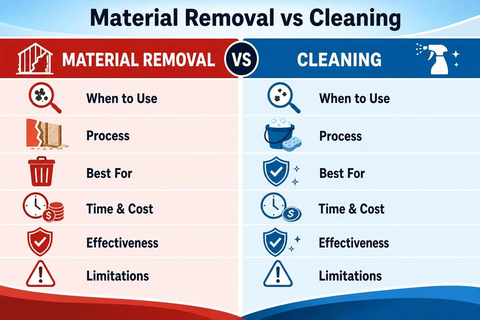 Mold remediation comparison infographic showing removal versus cleaning steps