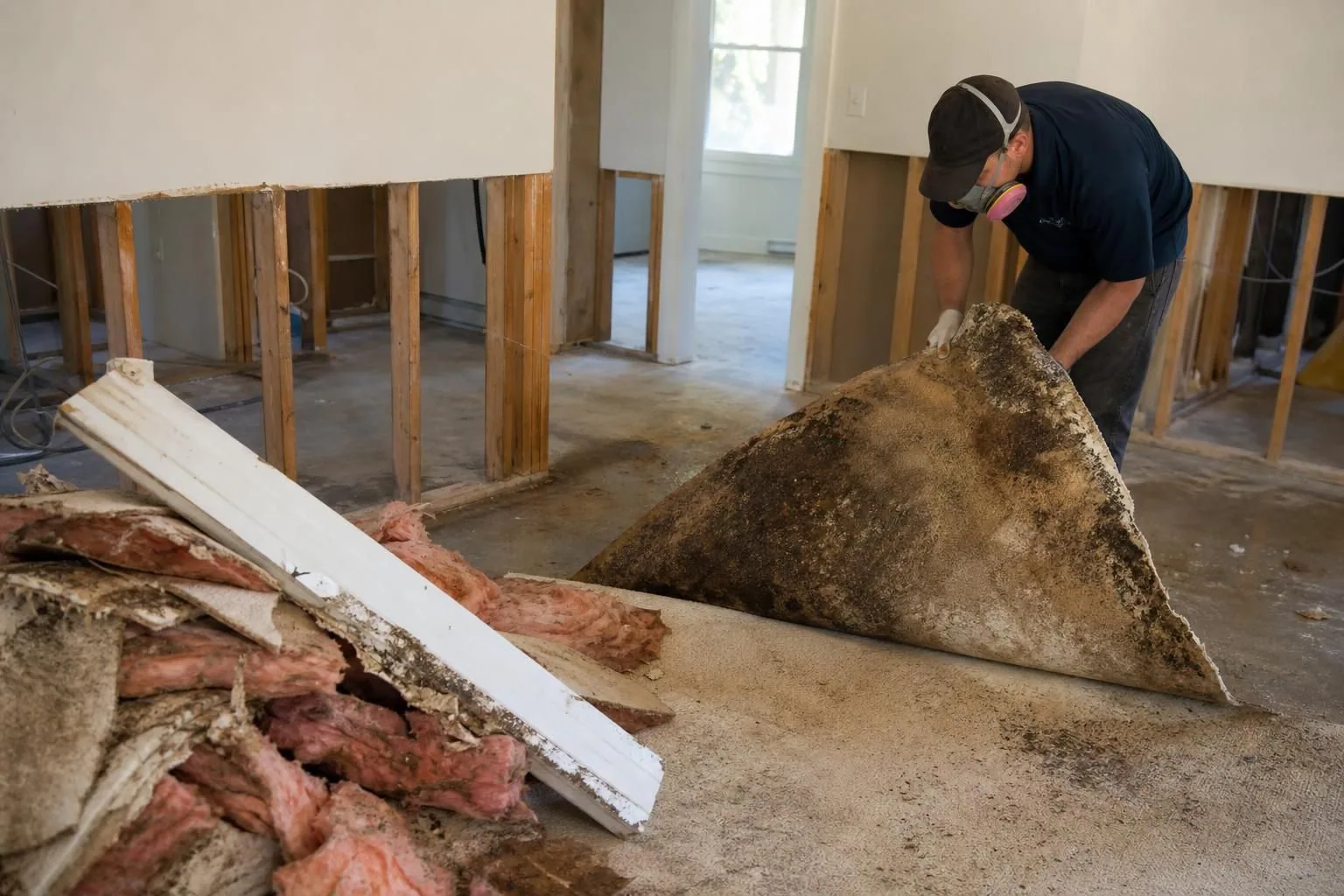 Worker removes moldy carpet and insulation from a damaged room