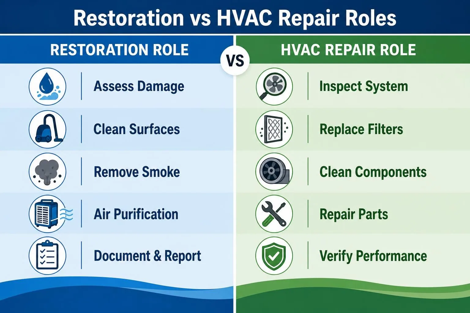 Infographic comparing restoration and HVAC repair tasks after smoke damage