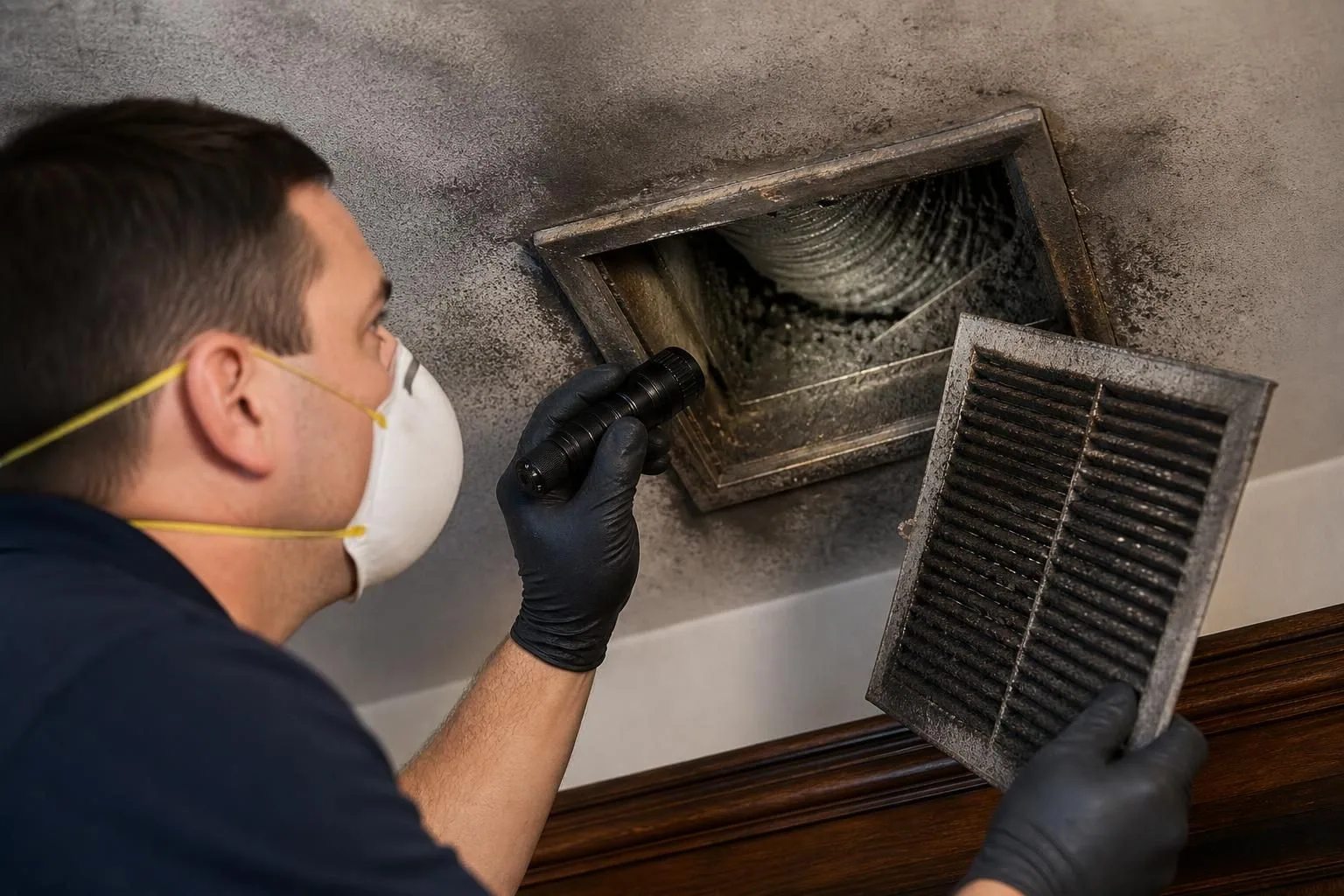 Technician inspects a smoke-damaged air vent and filter