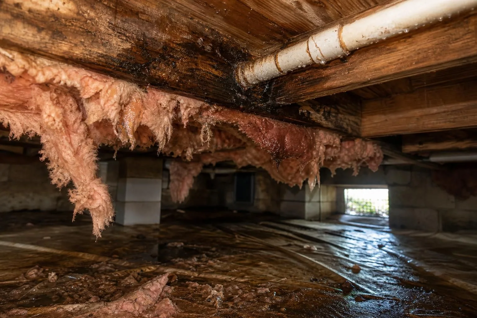 Wet crawl space with moldy insulation and damaged subfloor