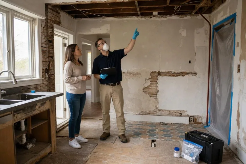 Masked inspector pointing in gutted kitchen with homeowner