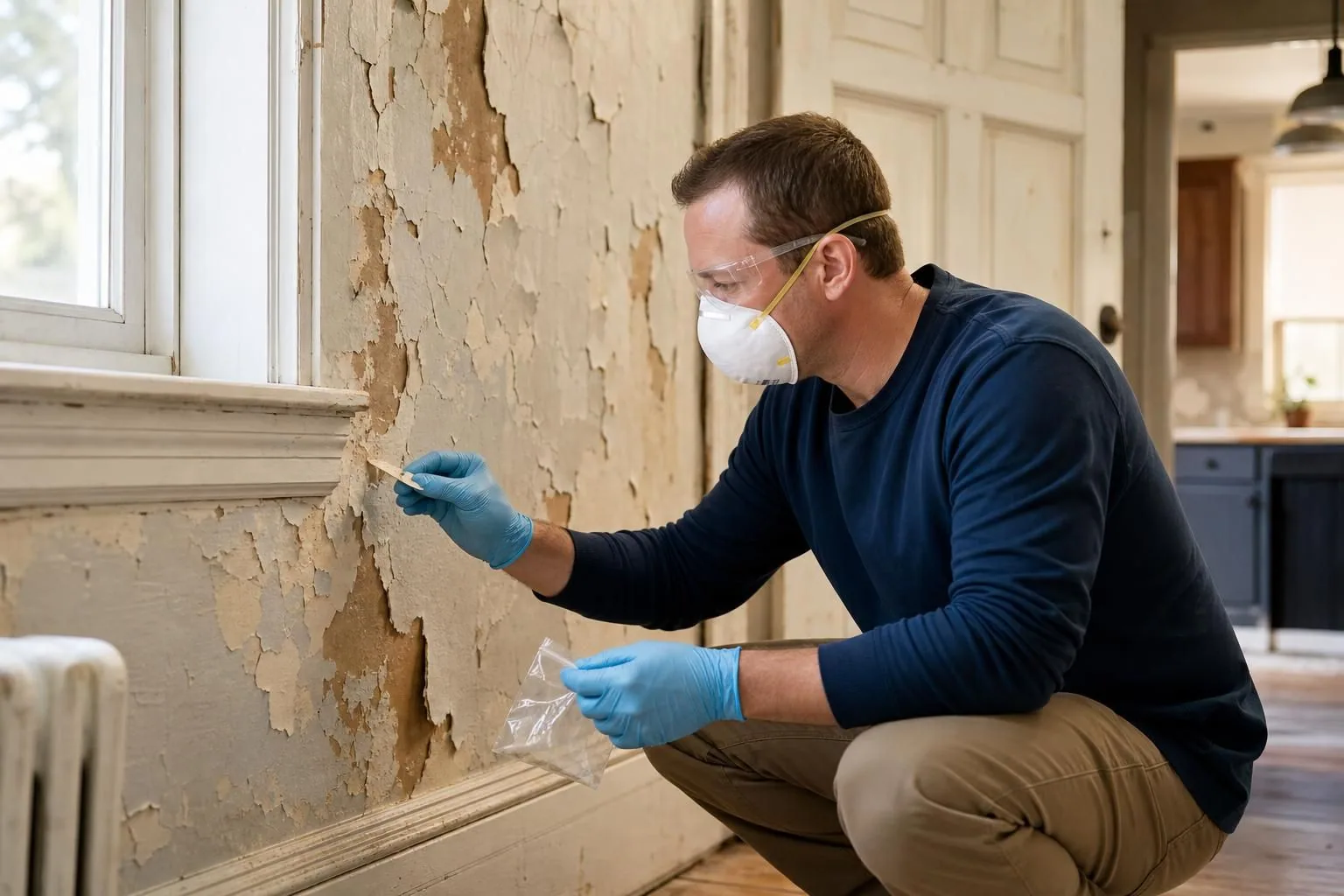 Man in mask and gloves scraping peeling wall paint