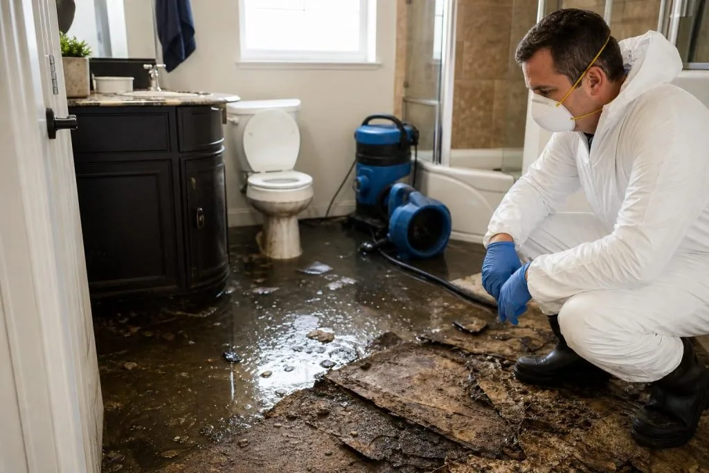 Technician in protective gear cleaning flooded bathroom floor