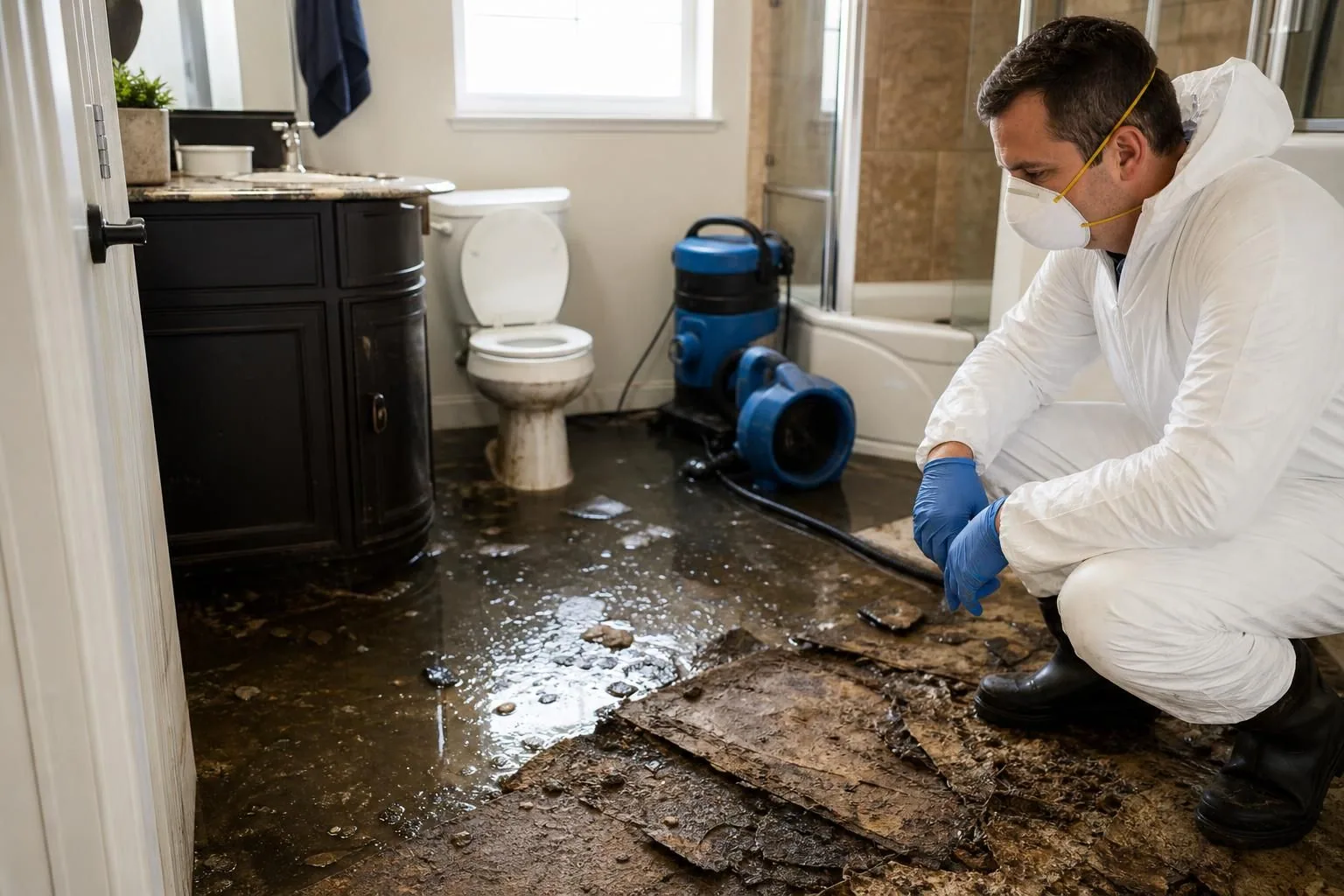 Technician in protective gear cleaning flooded bathroom floor