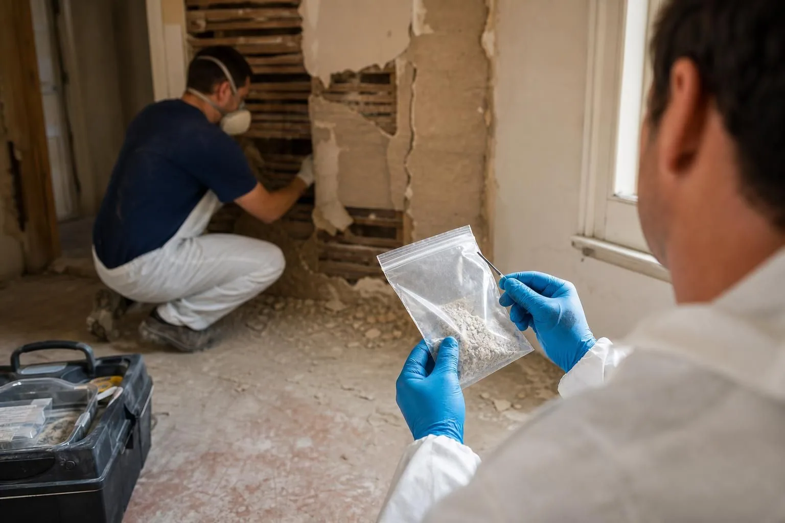 Technician in gloves holds a sample bag while inspecting a damaged wall