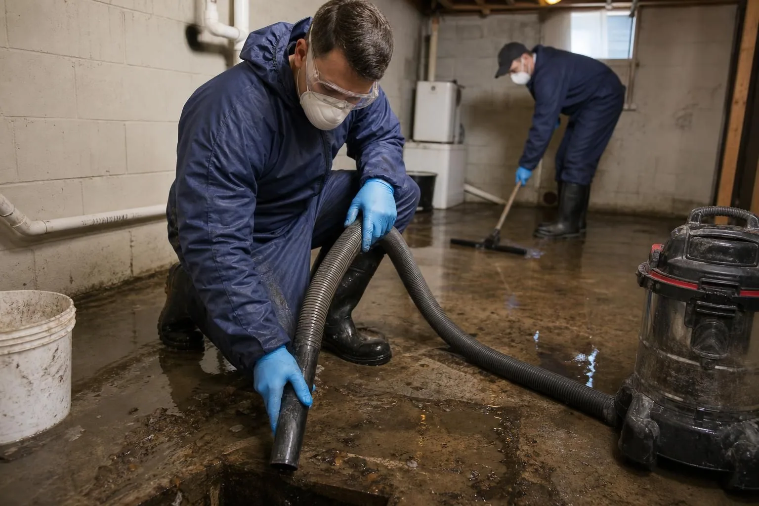 Two workers in protective gear cleaning a flooded basement floor