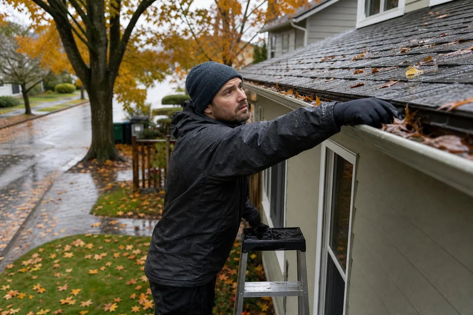 Man clears wet leaves from a gutter on a ladder