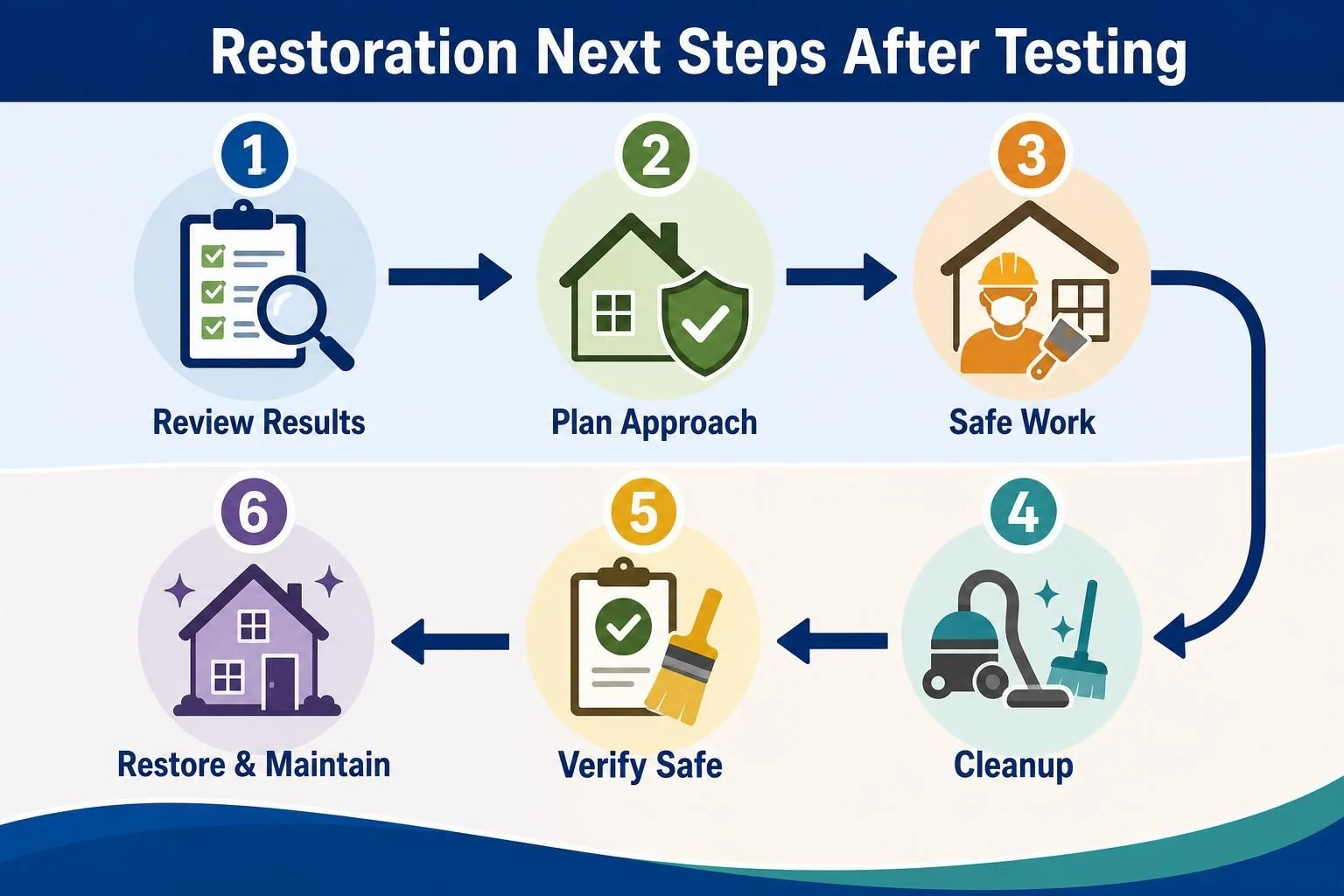 Infographic shows six restoration steps with checklist, house, and cleanup icons
