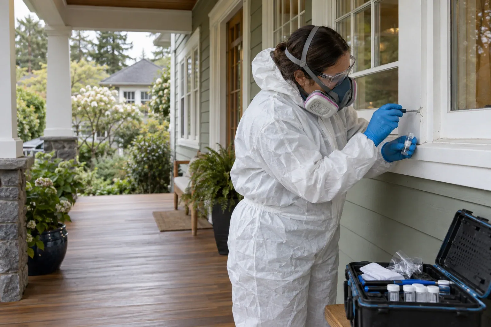 Environmental testing specialist collecting a sample from exterior window trim.