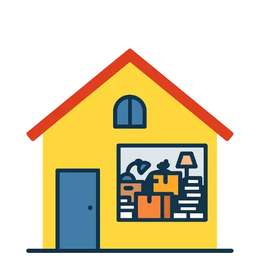 Yellow house with cluttered room visible through window