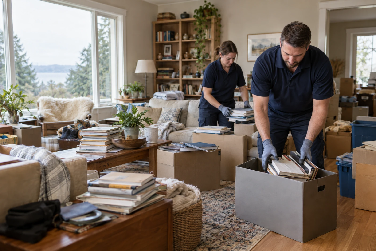 Cleanup crew carefully sorting accumulated household belongings in a living room.
