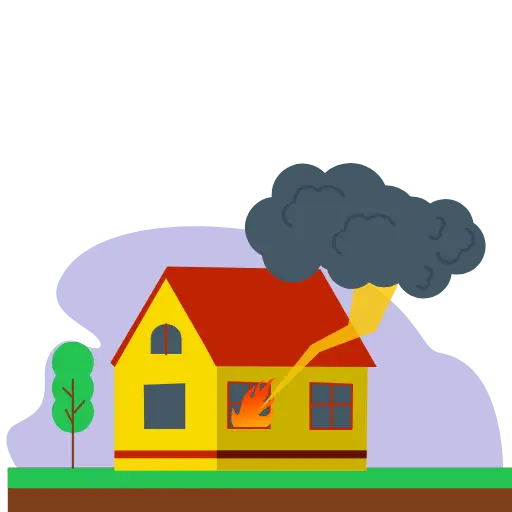 House with flames in window and dark smoke above roof