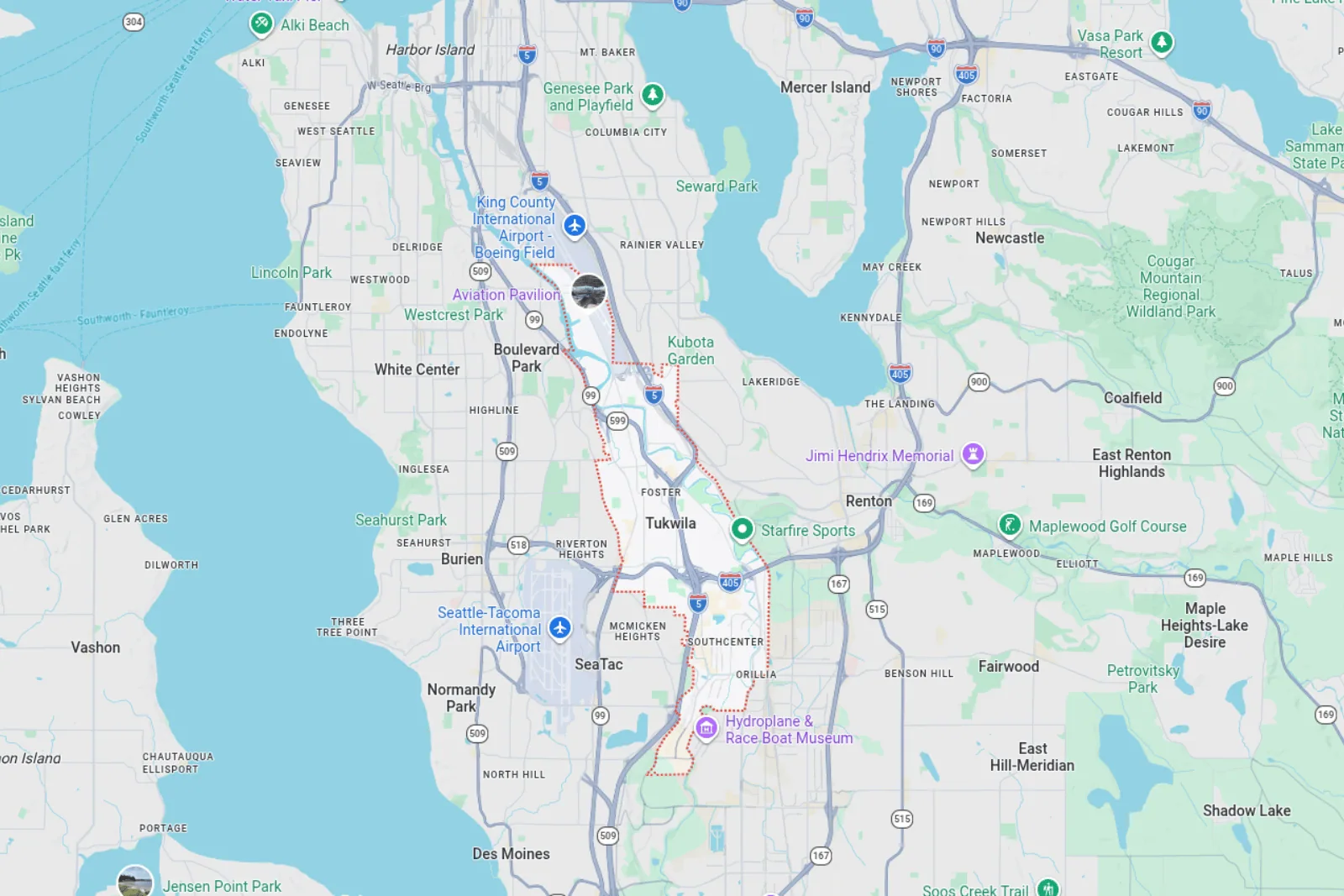 Map of Tukwila and surrounding roads.