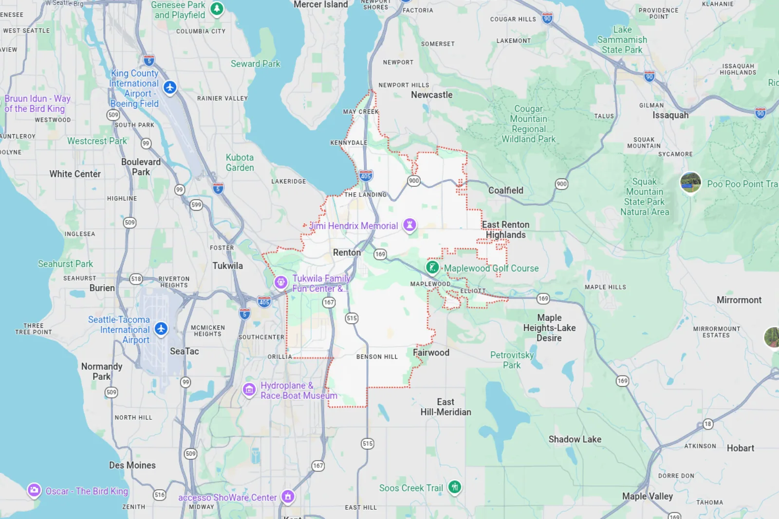 Map of Renton and surrounding roads.