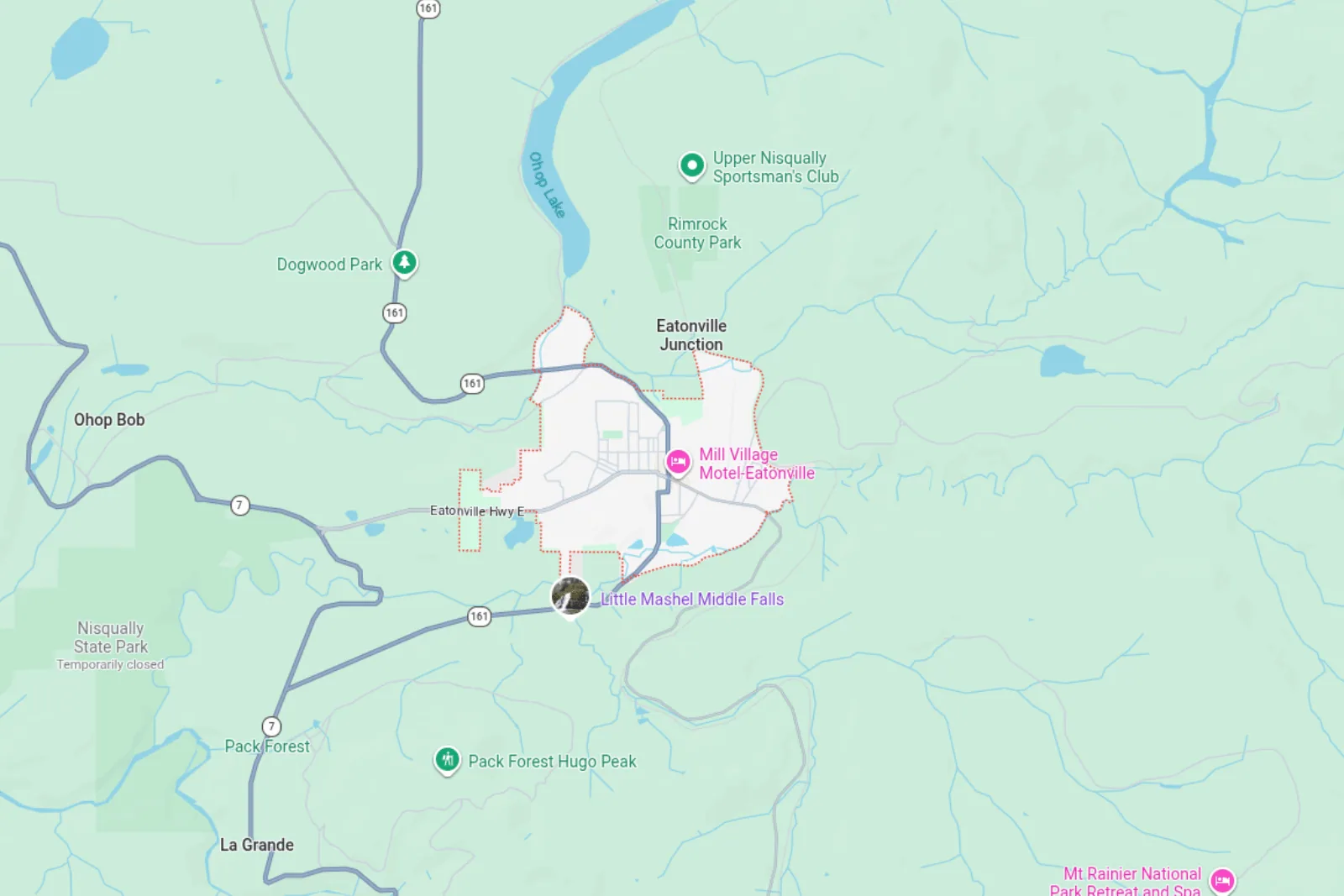 Map showing Eatonville and surrounding roads and parks.