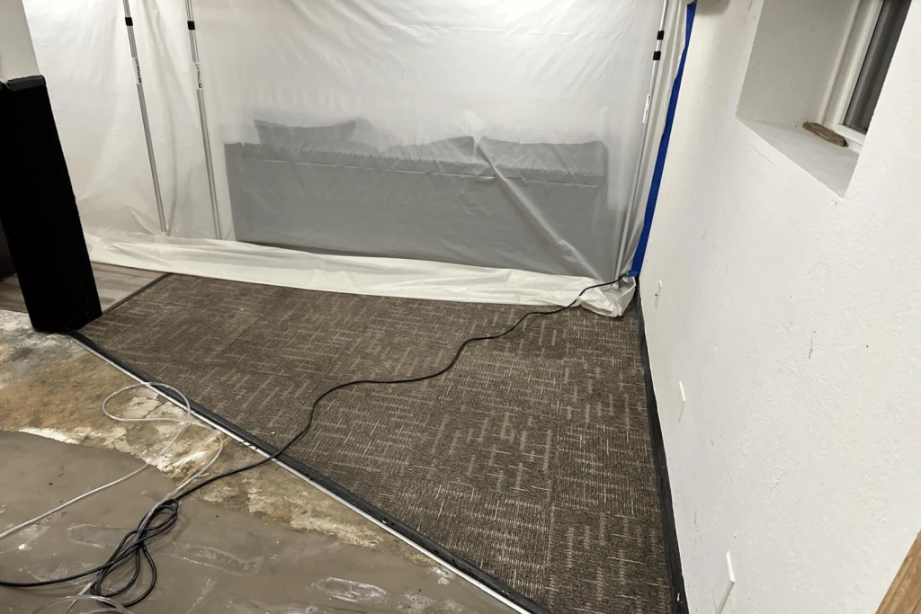 Interior restoration area separated by a plastic barrier.