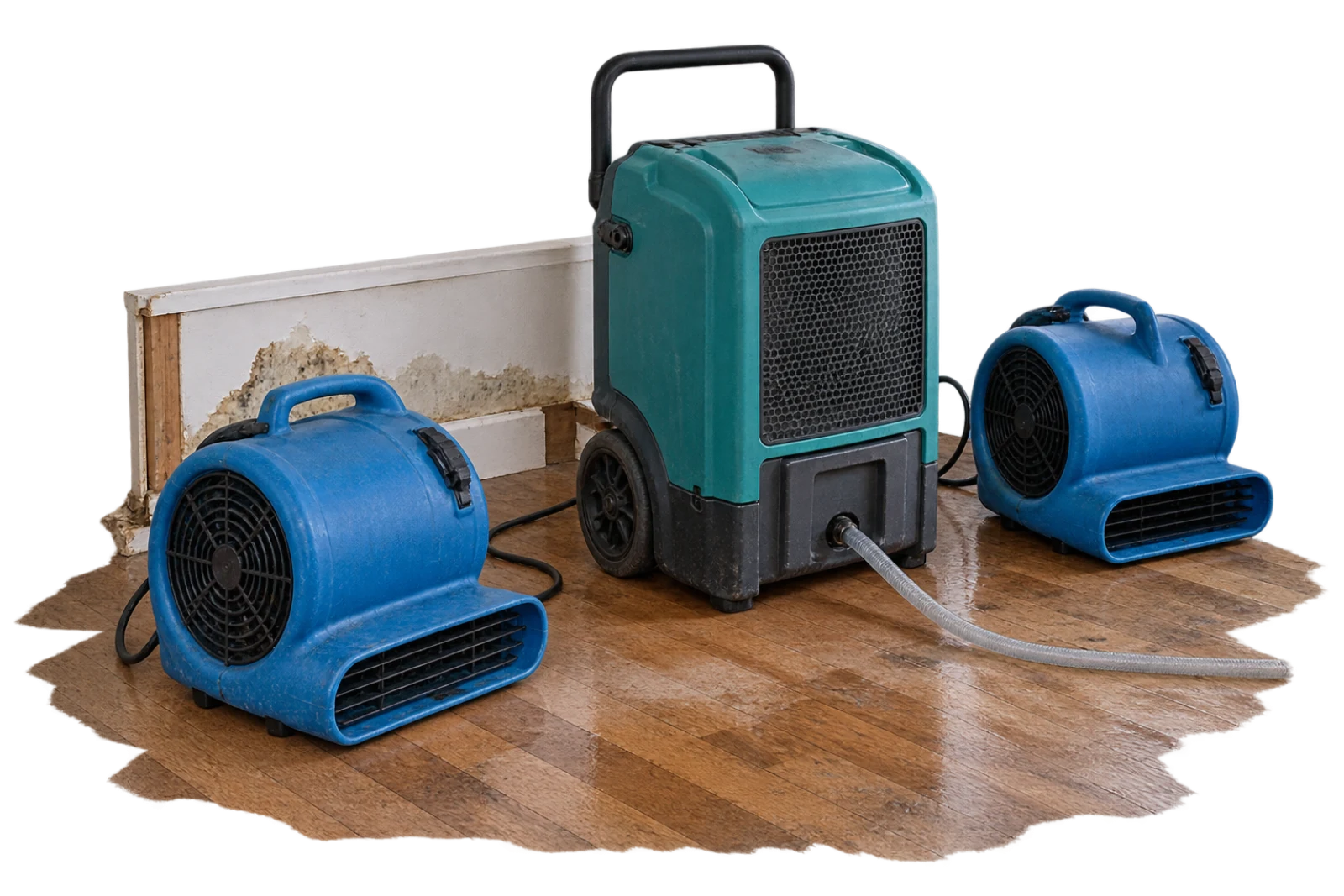 Dehumidifier and two blue air movers on water-damaged floor
