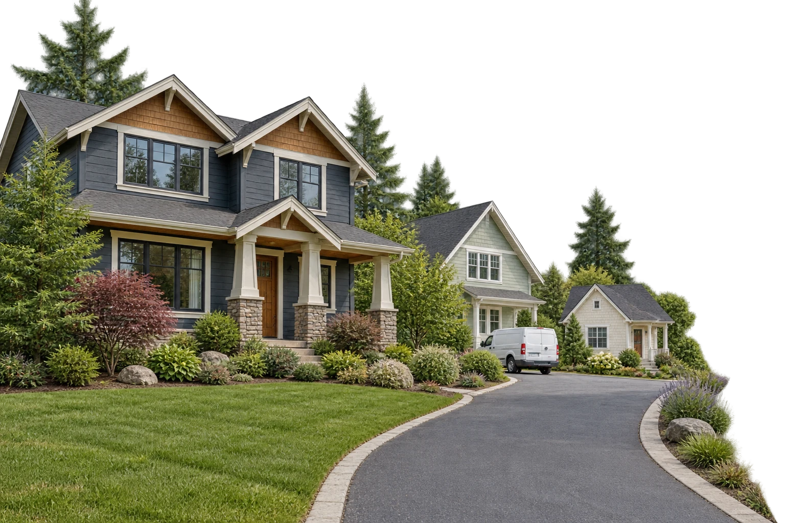 Pacific Northwest homes beside a curved drive and a restoration service van